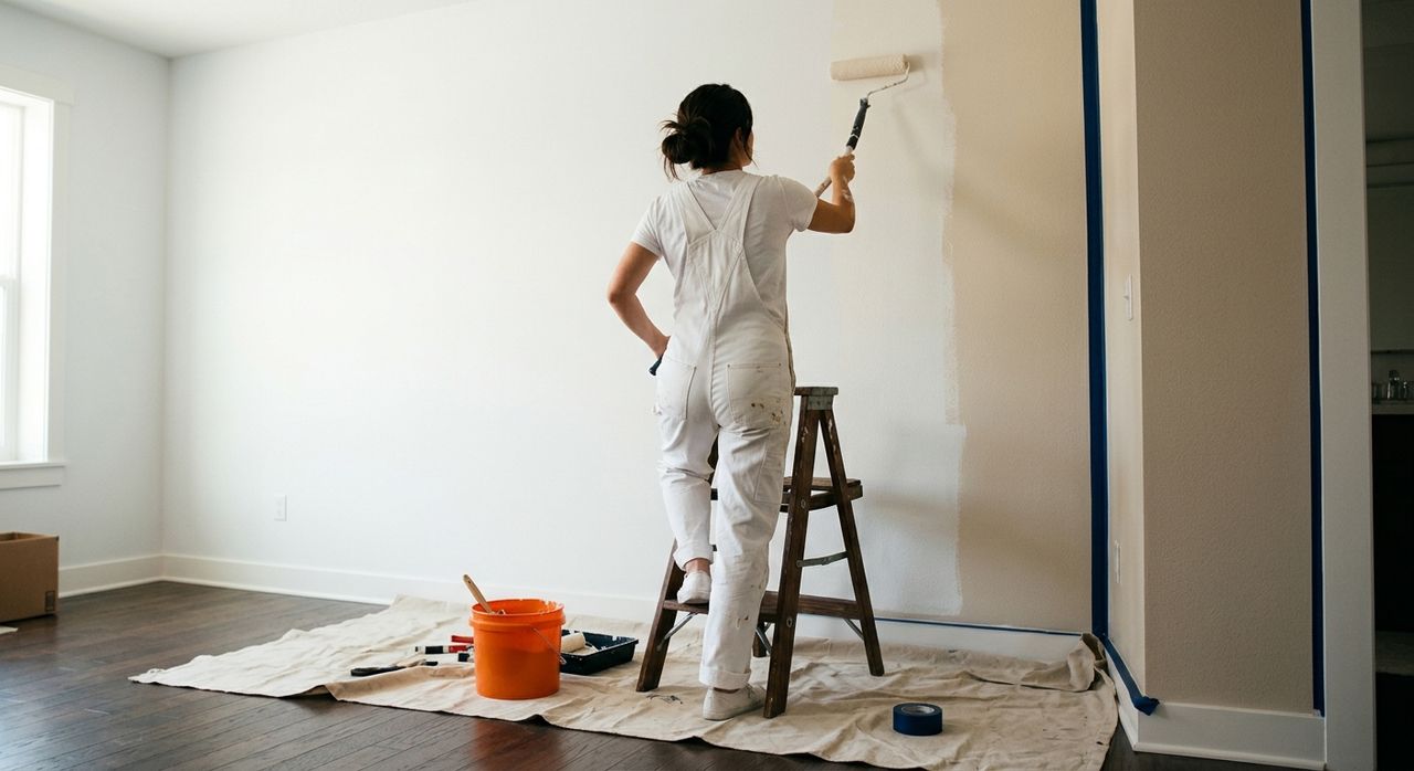 Painter on a step ladder rolling fresh paint onto a tall living-room wall