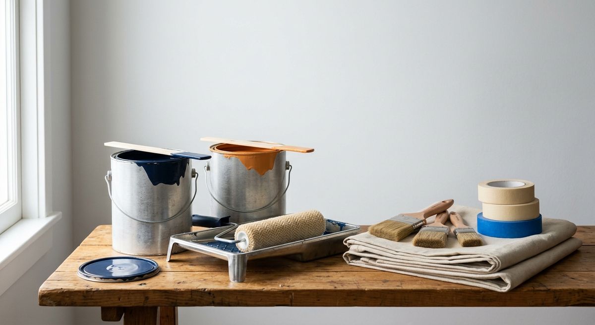 Paint cans, brushes, roller tray, and a folded drop cloth laid out on a workbench